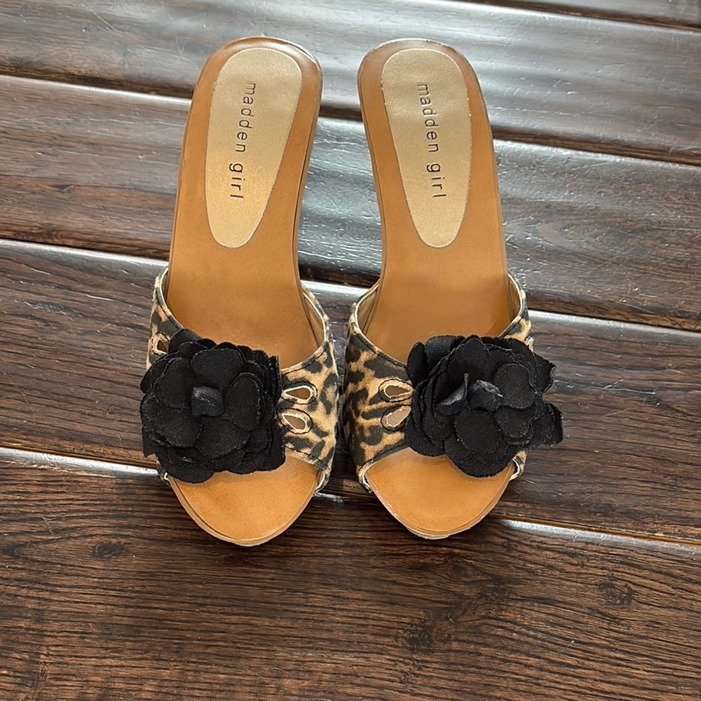Madden Girl Black and Brown Mules with Floral Accents